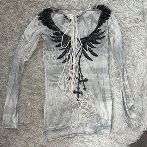 Affliction White Black Gray Long Sleeve Top with Black Wing Design -Suprr Stylis